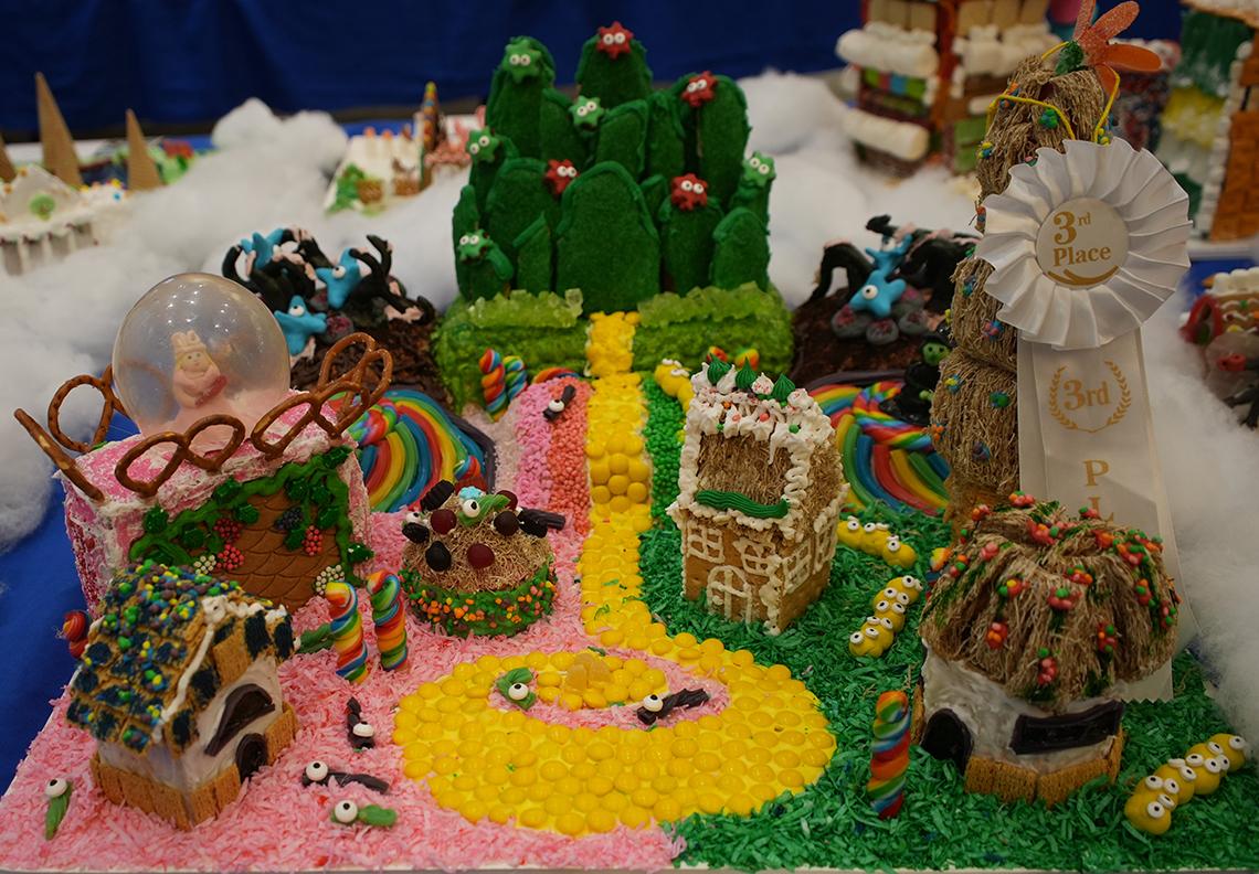 The yellow brick road toward Emerald City with little candy microbes and Glinda in her bubble
